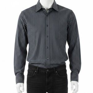 Calvin Klein Men's Dress Shirt Large 16 32/33 Black Gray Striped Long Sleeve Cot